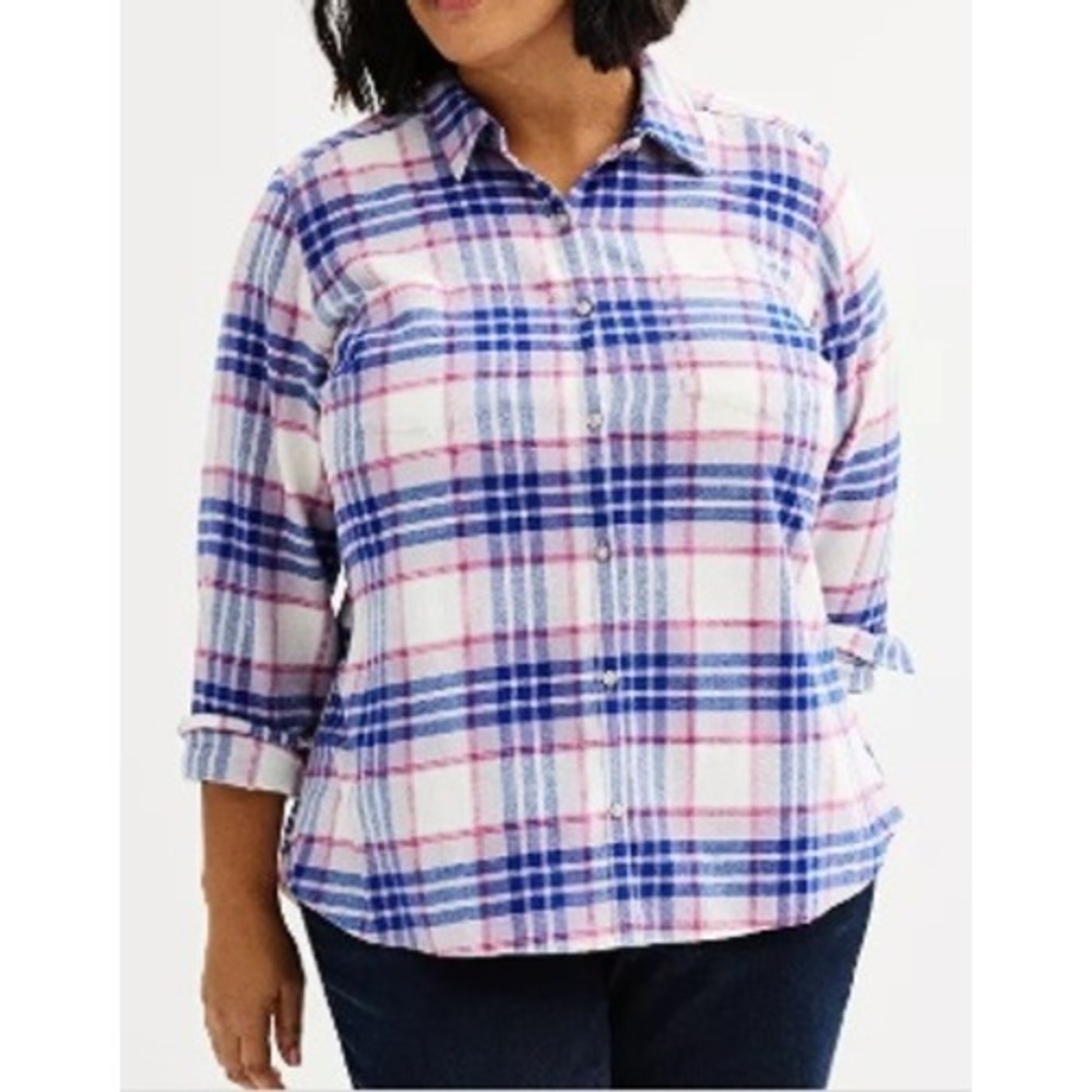 Croft & Barrow Women's Extra Soft Plaid Flannel Button Up Shirt 1X Blue White